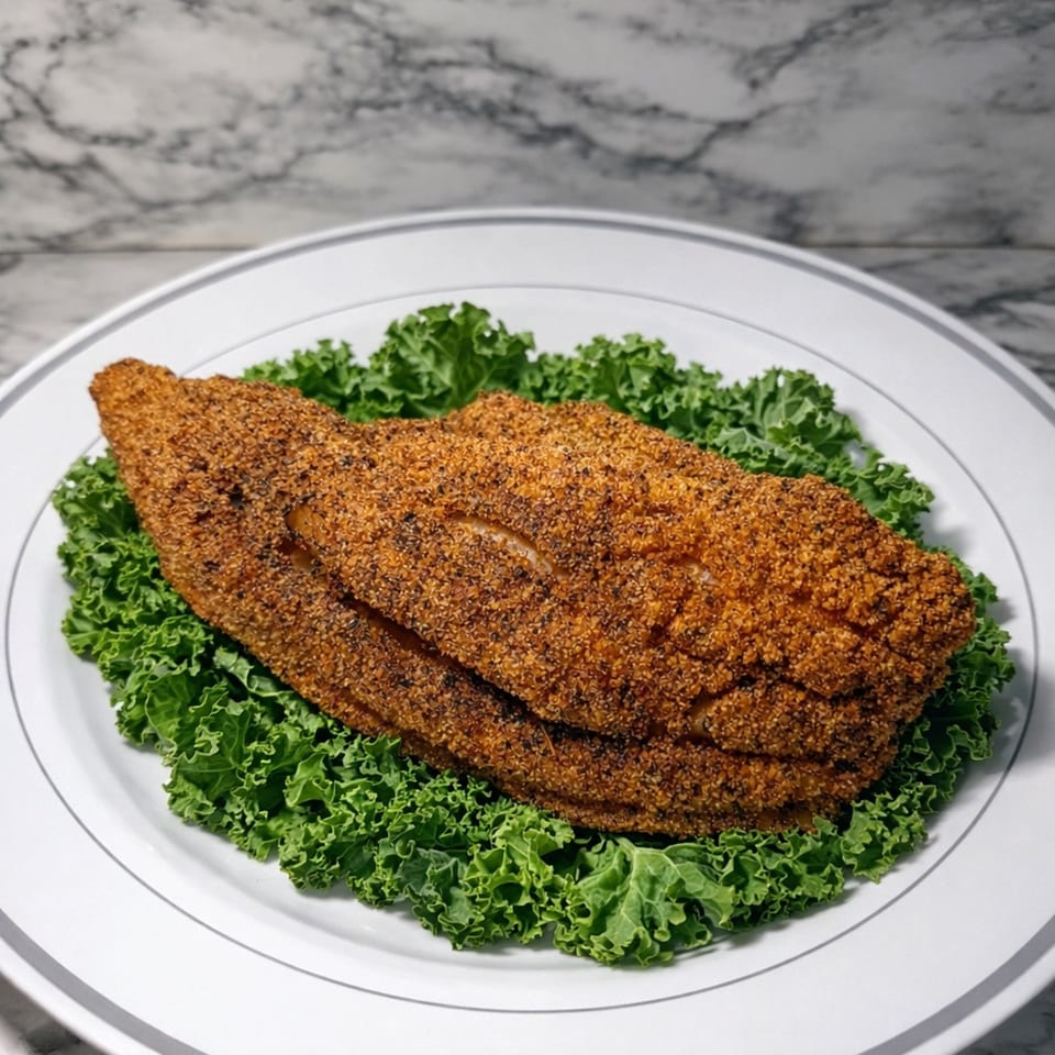 Crispy fried catfish fillets, seasoned and breaded, served on a bed of fresh green kale.