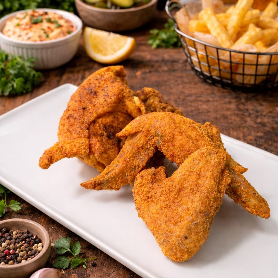 Crispy fried chicken wings on a white platter, with fries, dip, and lemon in the background.